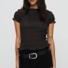 A new solid-color grid casual, versatile, fitted, waist-cinching, pleated short-sleeved top from Europe and America full image